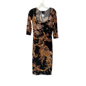 Roberto Cavalli Just Cavalli Black Gold Floral Stretch Scoop Neck‎ Dress Size 4